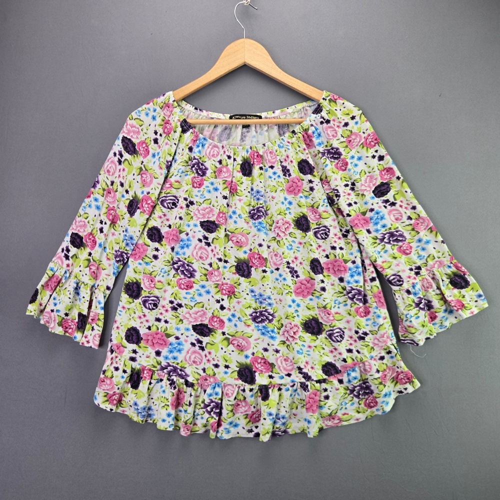 Always Indigo Floral Blouse Ruffle Bell Sleeve Top M Multi-Color KB6104 Boho